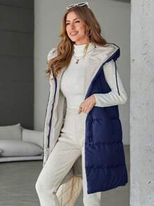 RueChic Women'S Solid Long Zipper Vest Padded Hooded Padded Jacket - White - View 1