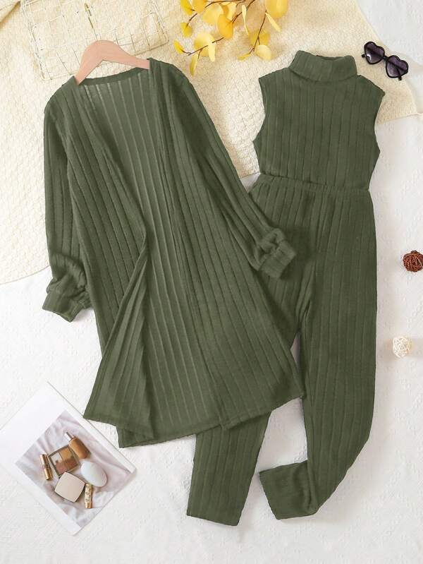 SHEIN 3pcs Tween Girl Casual Elegant Warm Vest, Pants And Jacket 2pcs Set