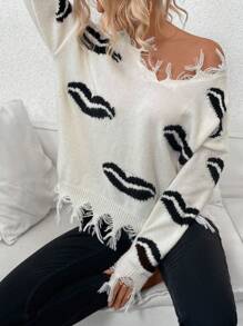 Chiquease Stylish European And American Autumn/Winter Loose Oversized V-Neck Casual Pullover Sweater With Raw Edge, Knit Pullover Fall - Multicolor - View 7