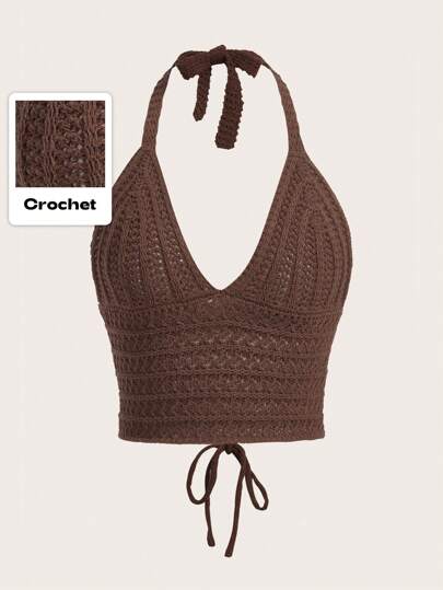 Summer Crochet Beach Holiday Solid Tie Backless Halter Knit Top