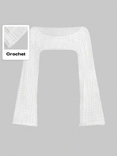 Suéter de punto con escote descubierto de hombros y diseño calado, de manga larga, para mujer, ideal para el verano, la escuela y otras ocasiones