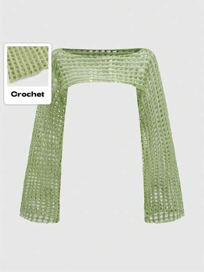 Fairycore Suéter escolar de tejido de punto con ganchillo calado, verde claro, súper corto, descubierto de hombros