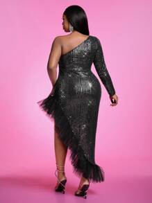 Slaydiva Plus Size Elegant Fitted Sequins Contrast Mesh Asymmetrical Neck Party Dress - Black - View 7