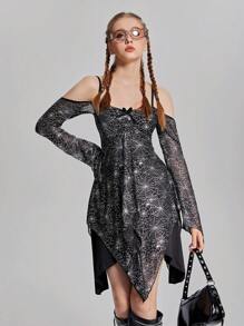 SHEIN 1 pieza Vestido de manga larga ajustado con estampado metálico para niña adolescente, primavera y otoño - Negro - Ver 6