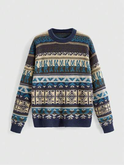 Lässiger Pullover mit Rundhalsausschnitt und geometrischem Muster für Damen im Herbst/Winter, Drop-Shoulder