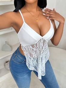 VaVaBold Women's Solid Color Spaghetti Strap Backless Lace Patchwork Casual Blouse