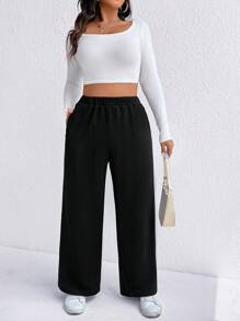 SHEIN LUNE Pantalones informales de talla grande con forro térmico grueso en color negro, para otoño/invierno
