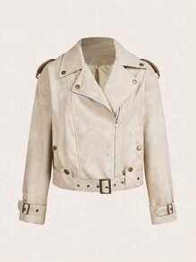 SHEIN X Belinda SHEIN Essnce Vrouwen abrikoos vintage leren casual PU leren jas, winterkleding voor vrouwen, vrouwen bikerjack raceautocoureur, winterjas