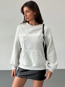 Aloruh Adorable Crew Neck Thermal Lined Bow Accent Pocket Women Sweatshirt - Light Grey - View 8