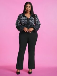 Slaydiva Blusa negra con estampado floral para mujeres talla grande para la oficina - Negro - Ver 9