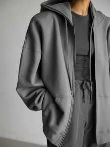 DAZY Women Hooded Pocket Fleece Zip-Up Sweatshirt Jacket, Spring And Autumn - Grey - View 5