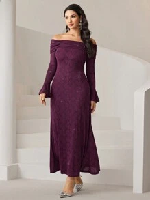 Modelyn Women's Solid Color Off Shoulder Ruffle Elegant Long Sleeve Dress Long Evening Dresses