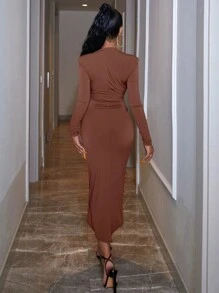 EURMUSE Women's V-neck Solid Color Pleated High Slit Hem Dress - Chocolate Brown - View 2