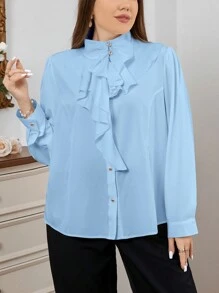 Firerie Plus Size Elegant Asymmetrical Casual Shirt Spring - Blue - View 5