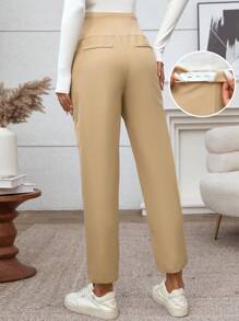 SHEIN 孕妇休闲纯色高腰锥形裤，秋季 - 卡其色 - 查看 7