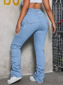SHEIN CURVE+ Plus Size Women's Cargo Pocket Skinny Stretch Denim Fashion Jeans