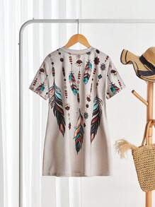 SHEIN LUNE 女士 V 领镂空羽毛印花休闲度假长袖 T 恤，秋季上衣 - 彩色 - 查看 2