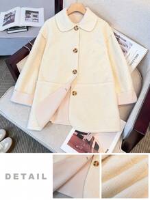 SHEIN 青少年女孩寬鬆簡約舒適翻領毛絨中長版外套 - 杏色 - 查看 3
