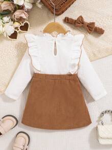 2pcs Baby Girls' Cute Fashion Ruffle Collar Bow Long Sleeve Dress And Headband Set, Suitable For Spring And Autumn - Multicolor - View 2