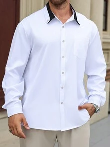 Manfinity Homme Chemise à manches longues casual avec poche, style affaires casual pour hommes grande taille, printemps & automne - Blanc - Voir 5