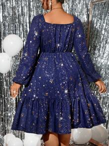 Allurite 大码时尚金箔面料连衣裙，秋季 - 藍色 - 查看 2