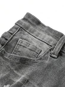 SHEIN Tween Boy Simple Ripped Washed Denim Jeans, Elastic Fit