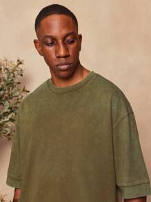 SUMWON 超大版型基本款水洗短袖 T 恤 - 軍綠色 - 查看 5