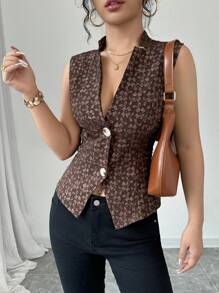Chiquease Textured Jacquard V-Neck Vest Suit Jacket - Brown - View 4