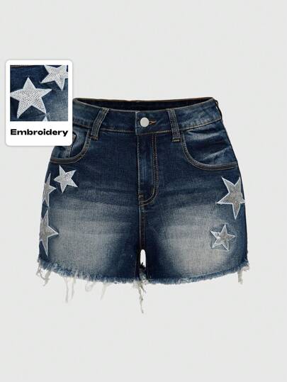 Grunge Punk Washed Denim Shorts With Star Embroidery And Raw Hem, School