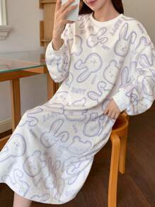 DAZY Cute Animal Print Flannel Oversized Nightgown - Beige - View 4