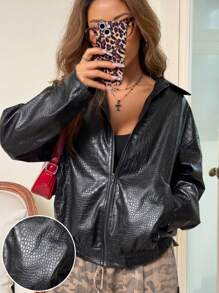 SHEIN EZwear Casual And Stylish Zippered Off-Shoulder PU Leather Jacket - Black - View 7