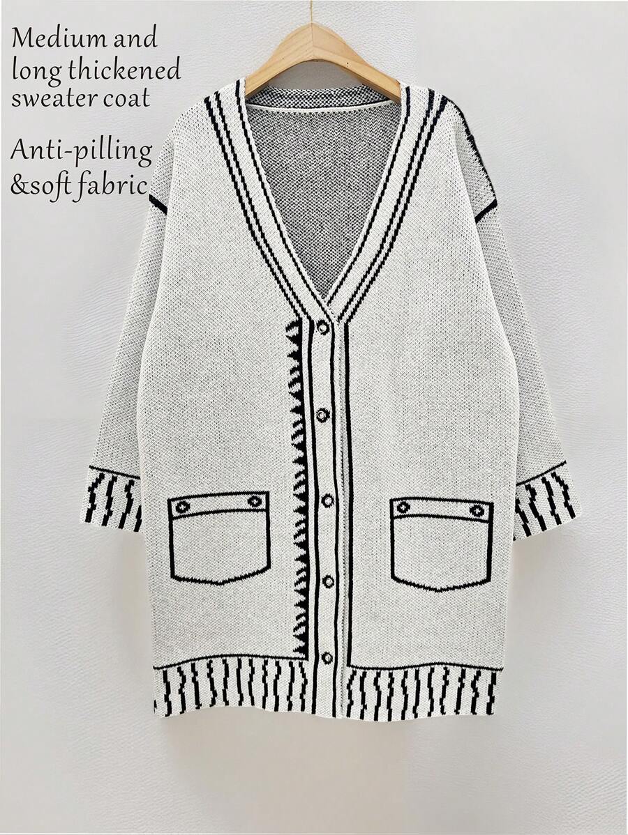 SHEIN LUNE Plus Size Women's White Knitted VNeck Long Sleeve Contrast Color Jacquard MidLength