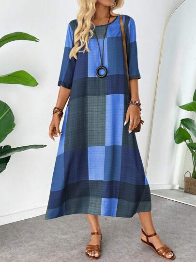 EMERY ROSE 女式拼色拼布印花宽松 3/4 袖长款休闲连衣裙