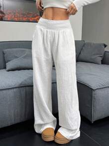 SHEIN EZwear Lässige einfarbige Crêpe-Schlupfhose mit geradem Bein - Weiss - Übersicht 3