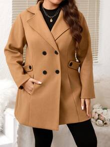 SHEIN LUNE Áo khoác ngoài màu trơn cỡ lớn, hai hàng khuy, mùa thu/đông - Màu Khaki - Xem 4