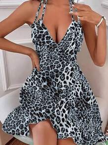 Calvaya Vestido casual con estampado de leopardo y detalle de amarre en la parte trasera para mujer