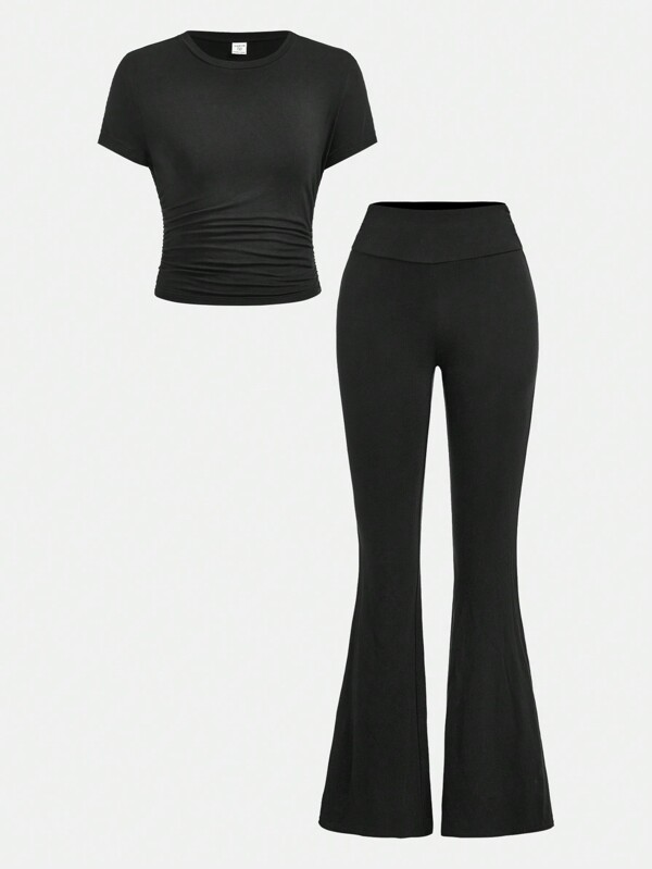 SHEIN Girlism 2pcs Teen Girls Solid Casual Versatile Ruched T-Shirt And Flare Leg Long Pants Set