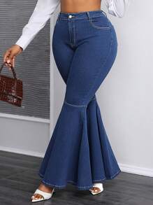 SHEIN SXY Jeans ajustados acampanados con cintura alta y elástico de talla grande - Azul lavado oscuro - Ver 1