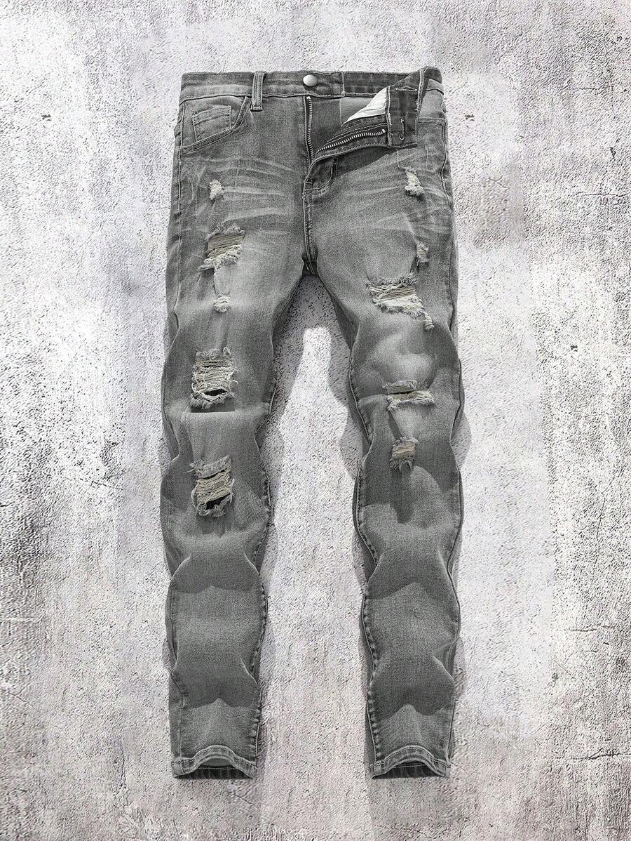 SHEIN Tween Boy Simple Ripped Washed Denim Jeans, Elastic Fit