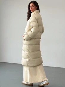 Aloruh Minimalist Commuter Apricot Long Sleeve Wind Resistant Warm Stand Collar Long Women Winter Coat - Apricot - View 5