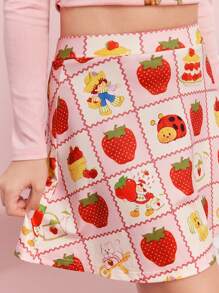 Strawberry Shortcake X SHEIN Summer Sweet And Cute Style Strawberry Pattern Pink Stretch Skirt