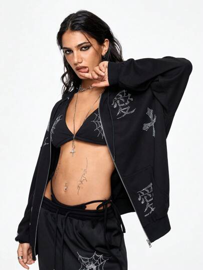 Grunge Punk 2 pièces/Set Top court et short assortis avec crâne et cœur graphiques, ornés de strass, style Y2K pour femmes