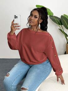 Slaydiva Sudadera con capucha con cuello asimétrico y botones de talla grande, elegante y casual, en color blanco sólido, para mujeres, otoño e invierno