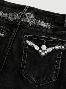ROMWE Goth Women's Rhinestone Embroidered Wing Flared Casual Low Waist Jeans - Black - View 3