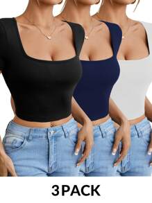 SHEIN PETITE 3pcs/Set Women Summer Casual Square Neck Short Sleeve Slim Fit T-Shirts, Simple Black White Grey Design