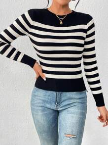 SHEIN Frenchy 女士休闲撞色条纹修身针织毛衣，春秋装，长袖上衣 - 黑與白 - 查看 7