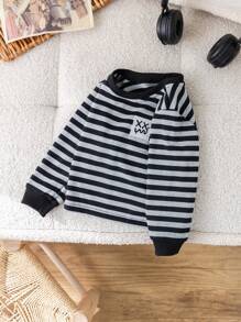 SHEIN Simple Graphic Embroidered Striped Long Sleeve Crewneck Knit T-Shirt For Baby Boys Girls, Suitable For Commute, School, Home, Casual, Party, Outdoor Play