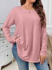 Firerie 大码优雅休闲宽松长袖圆领纯色基本款分层荷叶边下摆 T 恤 - 粉色 - 查看 3