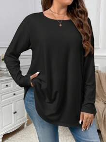 Firerie Plus Size Elegant Casual Loose Long Sleeve Round Neck Solid Color Basic Umbrella Hem T-Shirt, Suitable For Homewear And Vacation Spring - Black - View 4
