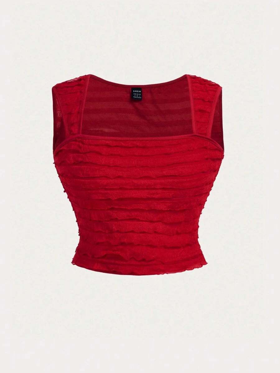 SHEIN Essnce 女士休闲时尚红色纯色针织方领无袖简约修身弹力荷叶边背心 番茄女孩纹理红色休闲背心 红色背心 卡哇伊背心 复古生菜边饰褶皱背心 外出背心 秋季女装啦啦队服装 圣诞节万圣节上衣 - 紅色 - 查看 1